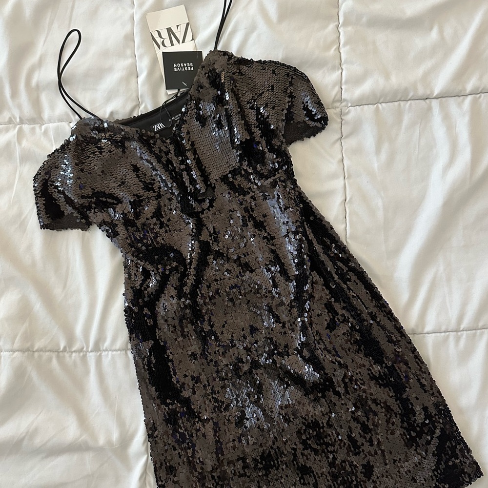 Zara Sequin Strappy Mini Black Ruffle Dress